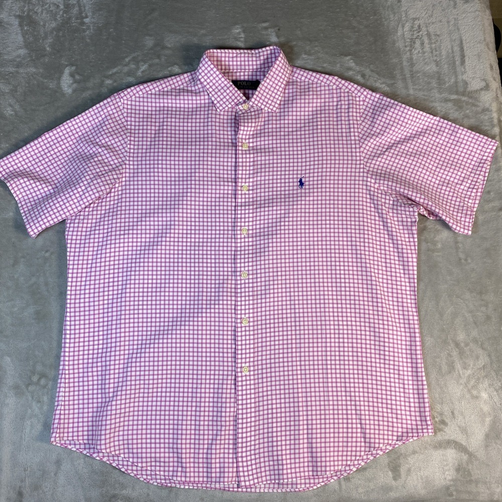Polo Ralph Lauren Men's Dress Shirt Short Sleeve Pink White Gingham Check